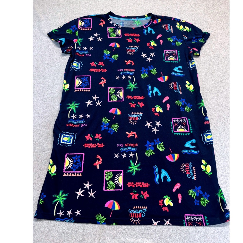 Tropical Beach Print T-Shirt Dress Navy Blue‎ Palm Tree Starfish Vacation Large